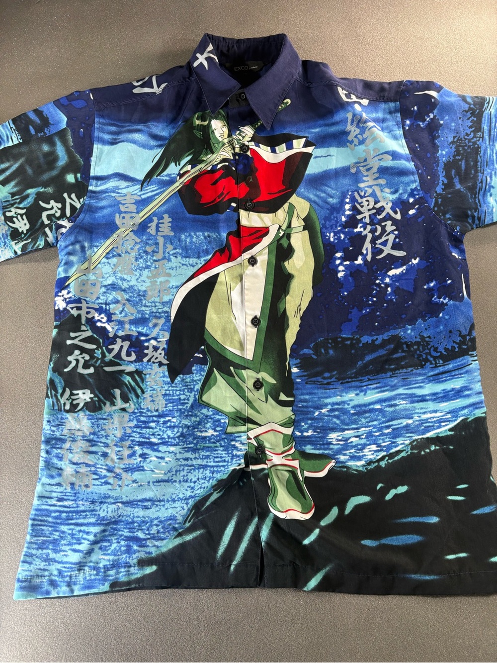 VTG Ecco Jeans Men Shirt Anime Graphic Allover Print Button Front ((READ))